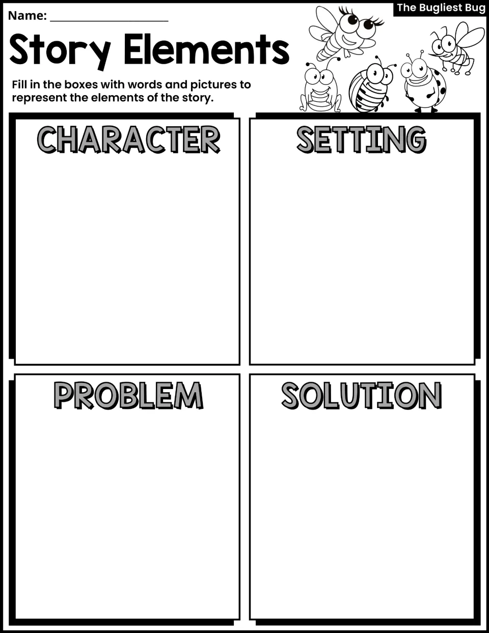 Story Elements activity asks students to represent character, setting, problem, and solution in words and pictures.