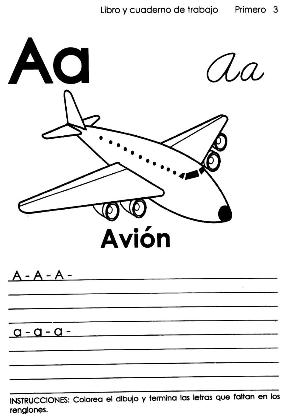 Spanish vowel Aa: print and cursive letters with an airplane labeled Avión; students color it and trace rows of A and a