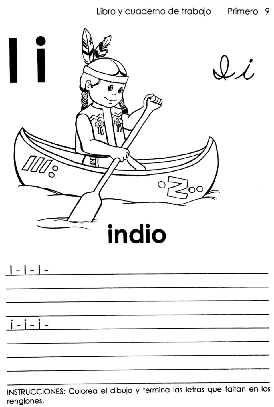 Spanish vowel Ii: print and cursive letters with a child in a canoe labeled indio; students color and write I and i rows