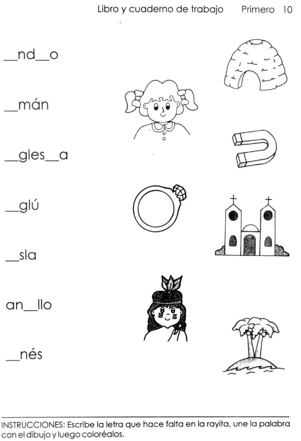 Vowel I words: students add the missing i to indio, imán, iglesia, iglú, isla, anillo, Inés and match pictures