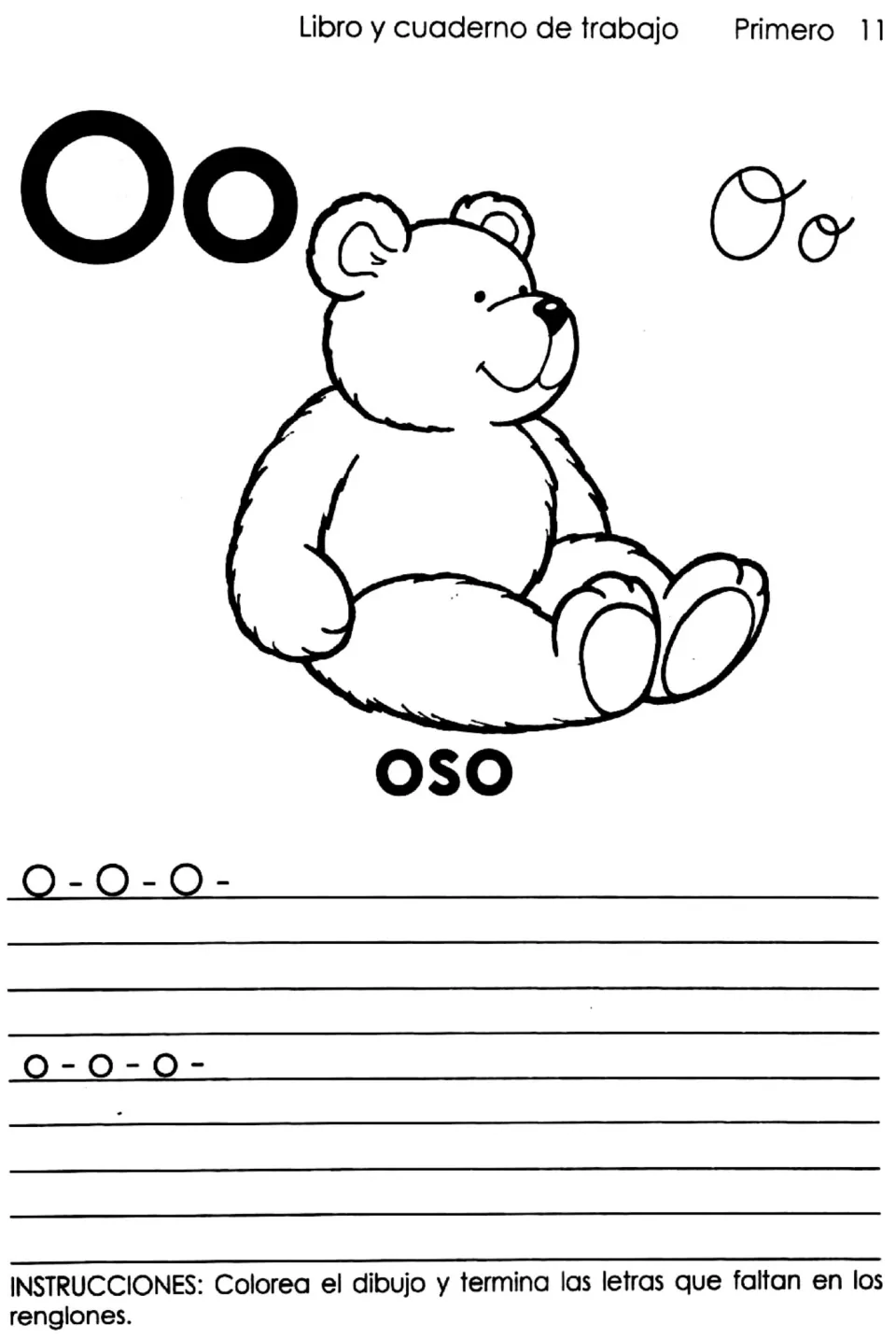 Spanish vowel Oo: print and cursive letters with a teddy bear labeled oso; students color it and trace O and o rows