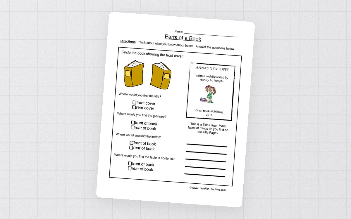 Book Parts Worksheet – Identify Text Features preview: Front-cover picture identification prompt