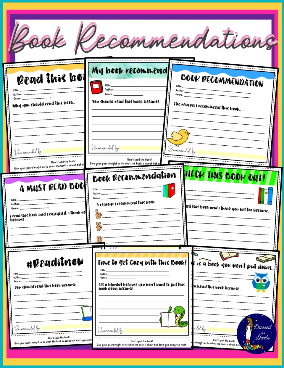 Book Recommendations cover showing a collage of nine recommendation forms, each with title, author and genre lines