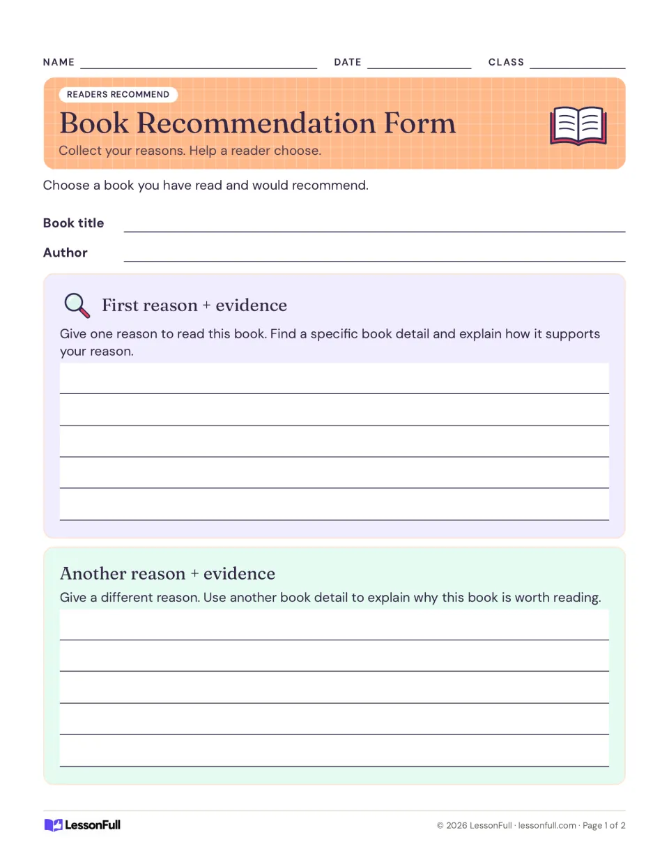 Recommendation planning page: book title, author, and two reasons supported by specific book details.