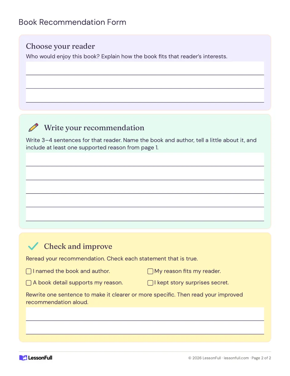 Recommendation writing page: choose a reader, write 3–4 sentences, check your work, and revise one sentence.