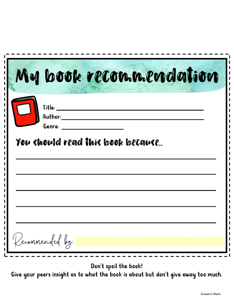My book recommendation form: students fill in title, author and genre and finish "You should read this book because"