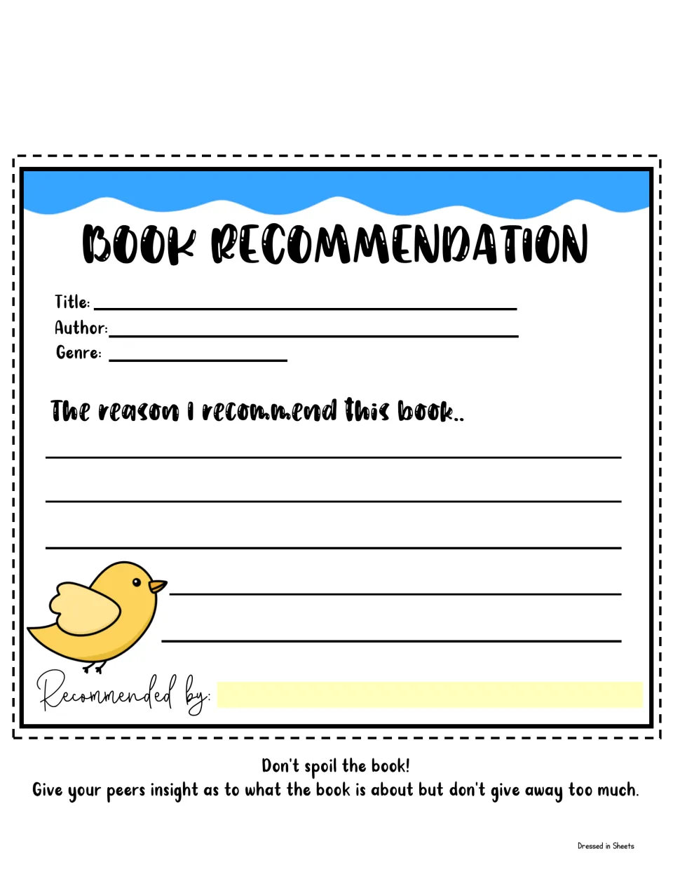Book Recommendation form: students note title, author and genre, then write the reason they recommend the book to peers