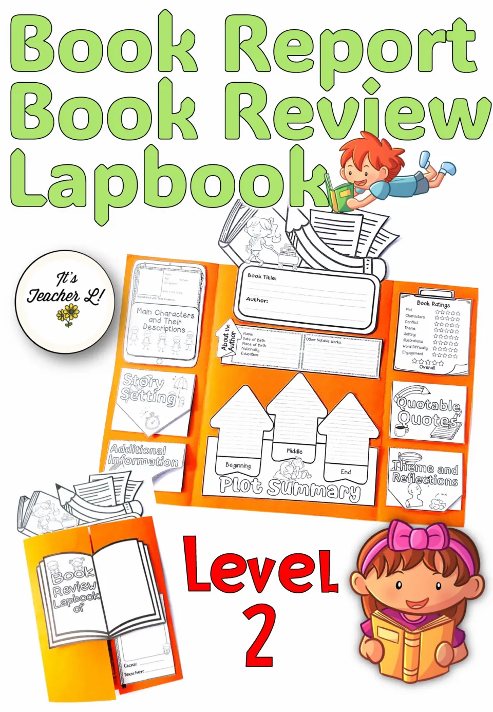 Book Report Book Review Lapbook Level 2 cover showing a finished folder with plot summary, characters and book ratings