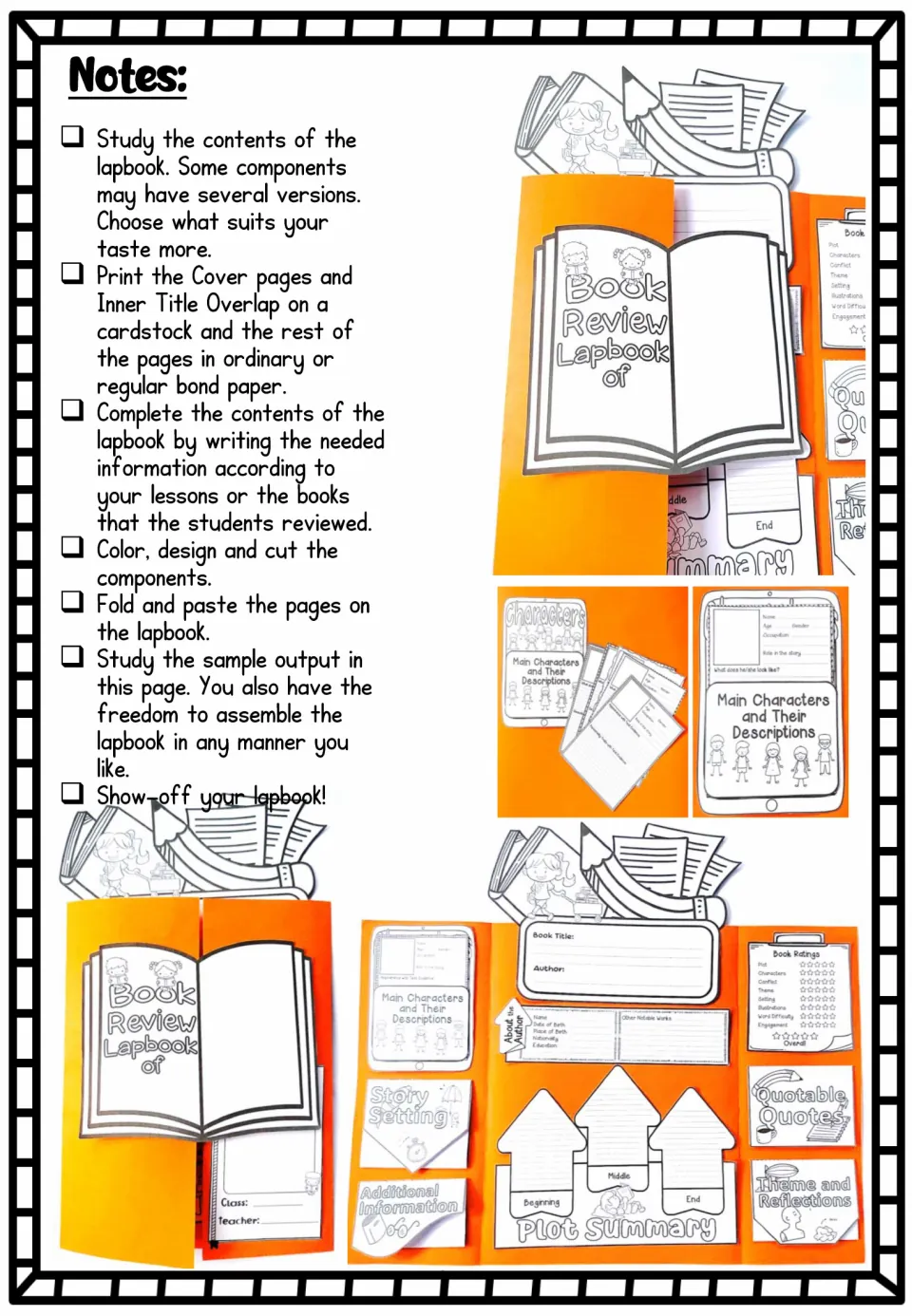 Assembly notes: print covers on cardstock, fill in, color, cut, fold and paste parts; photos show a sample lapbook