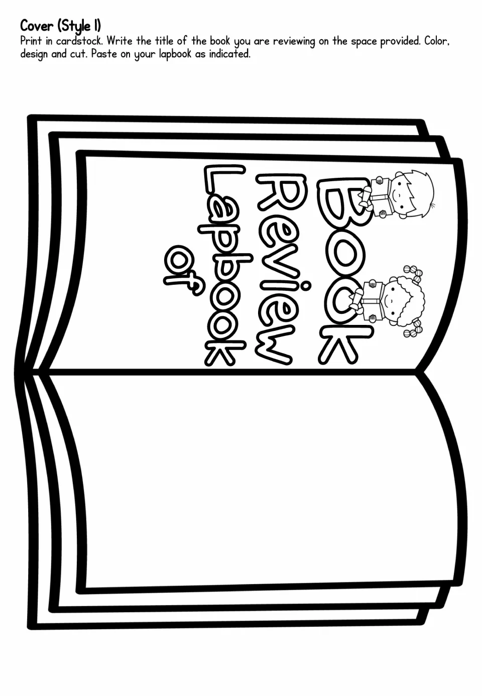 Cover Style 1: open-book cutout reading 'Book Review Lapbook of' where students write their book's title and color it