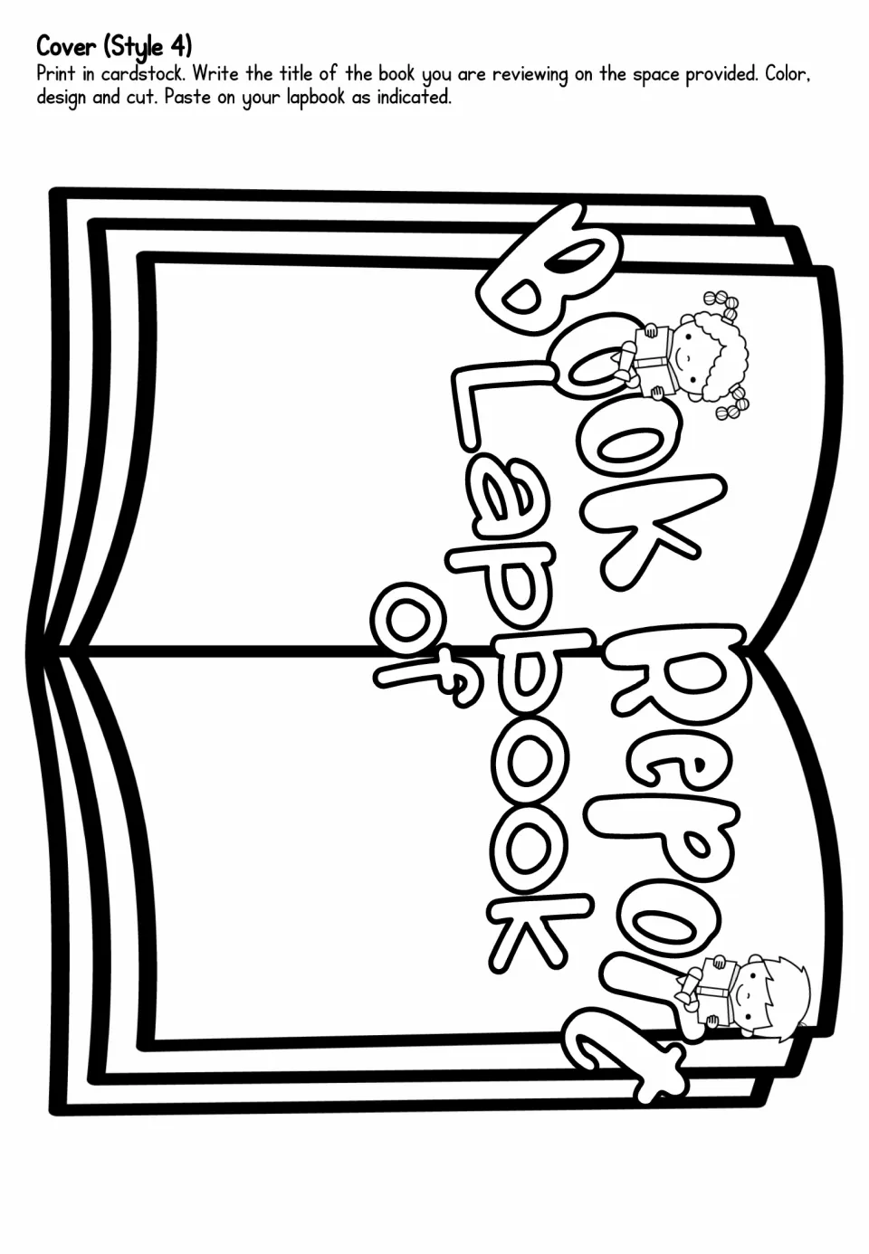 Cover Style 4: open-book cutout with arched 'Book Report Lapbook of' lettering; students fill in their book title