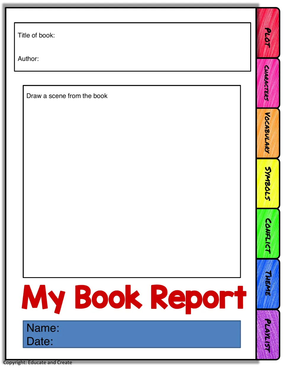 My Book Report front page: students write the book title, author, name and date, then draw a scene from the book