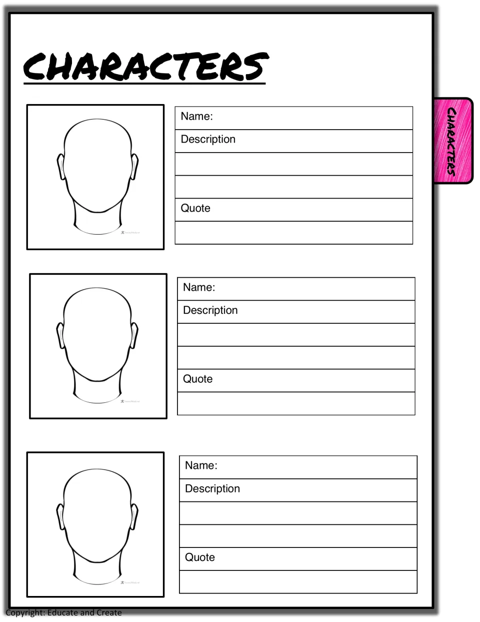 Characters: students draw three characters' faces and write each one's name, a description and a quote from the book
