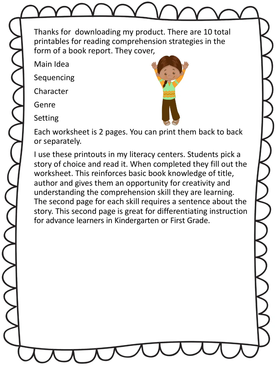 Teacher note: 10 printables on main idea, sequencing, character, genre and setting, each a drawing page plus a sentence page