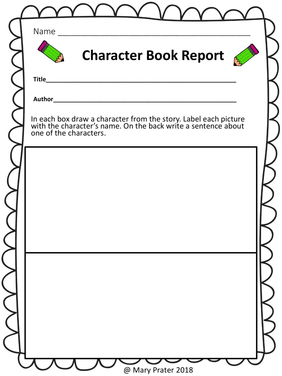 Character report: students write the book's title and author, draw two story characters and label each with its name
