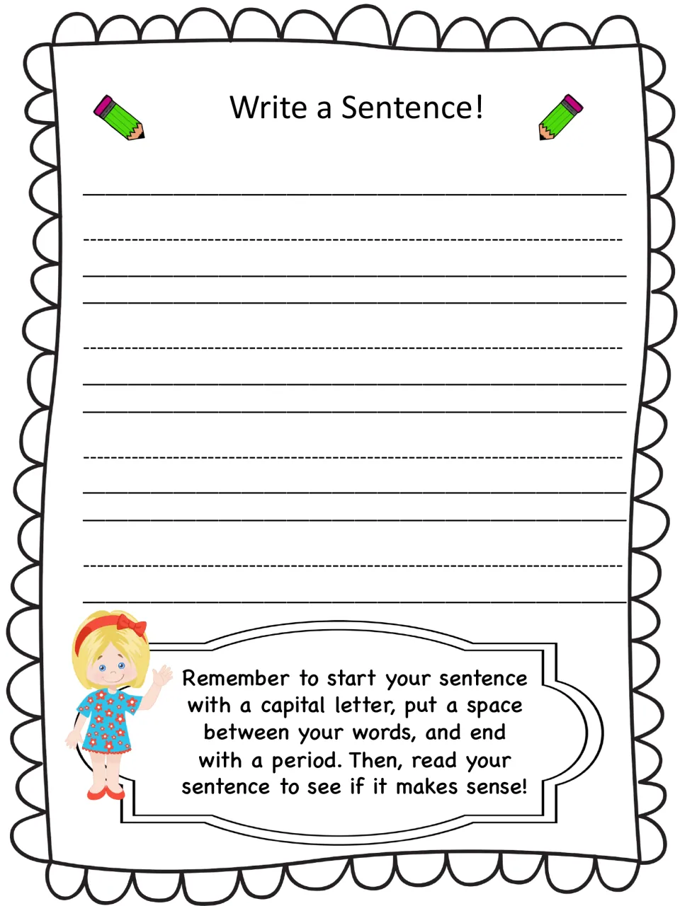Write a Sentence back page for the character report: students write one sentence about a character with a capitals reminder