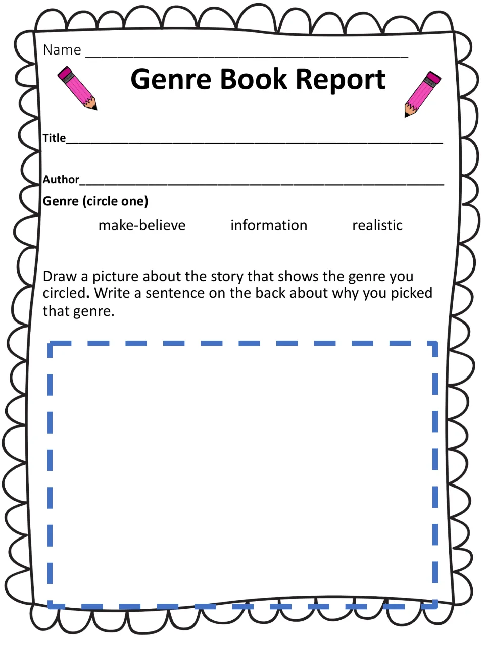 Genre report: students record title and author, circle make-believe, information or realistic, then draw a scene showing it