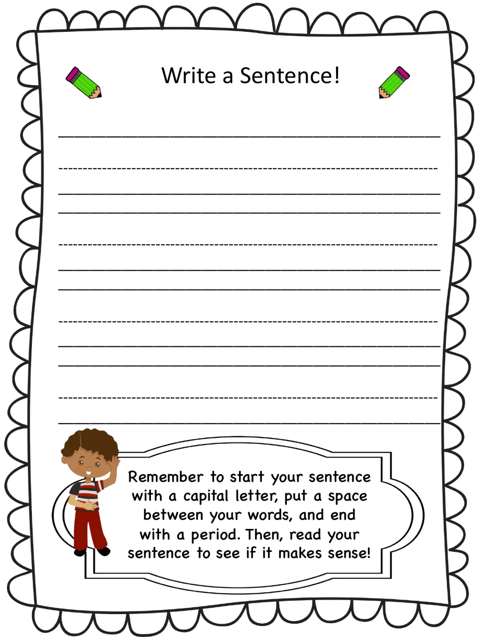 Write a Sentence back page for the setting report: students write a sentence describing their setting picture