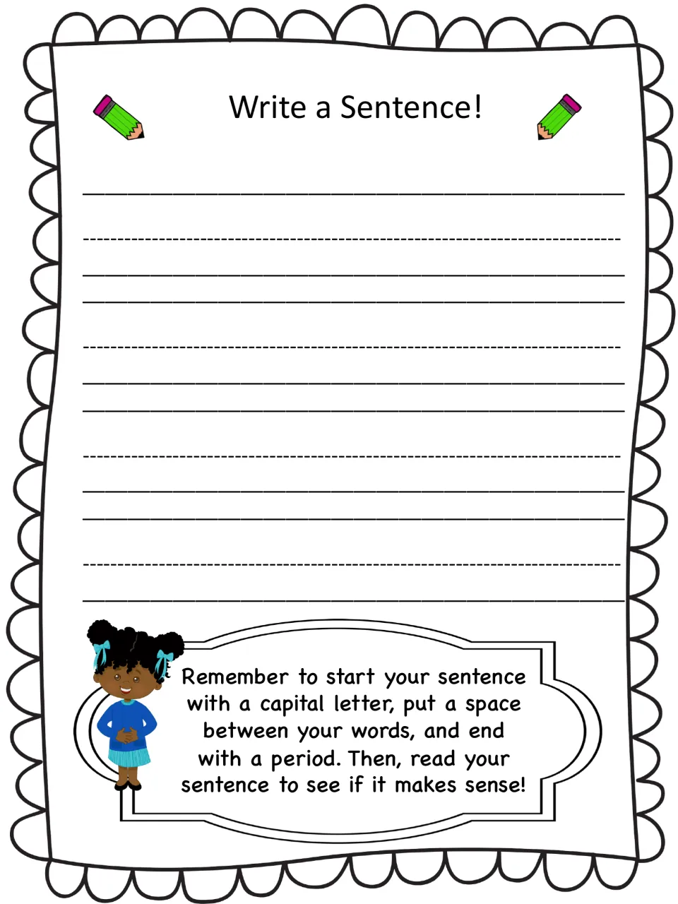 Write a Sentence back page for the main idea report: students write a sentence explaining their drawing of the story