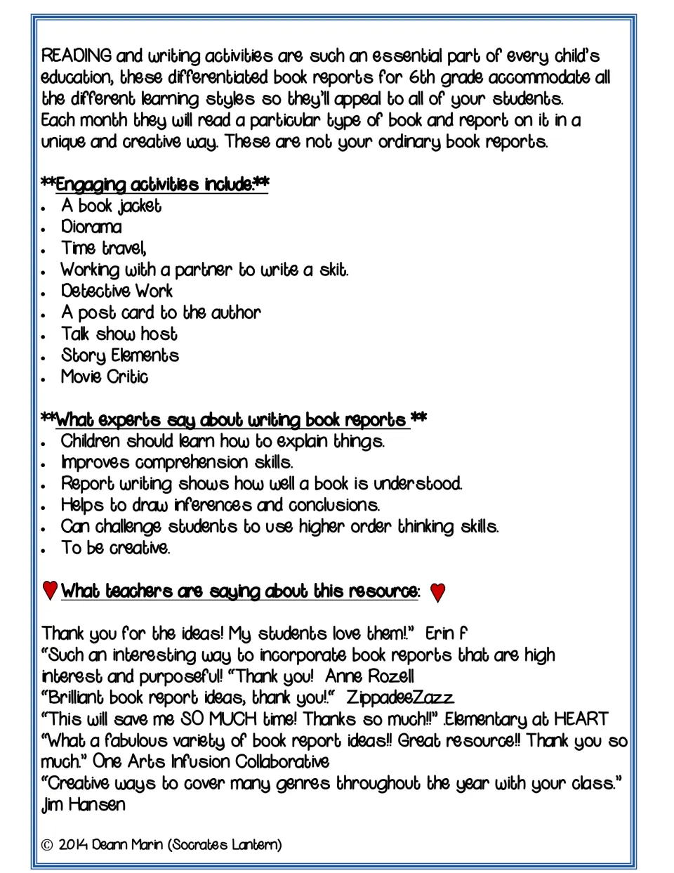 Teacher overview of monthly genre book reports, listing activities like a book jacket, diorama, skit and talk show host
