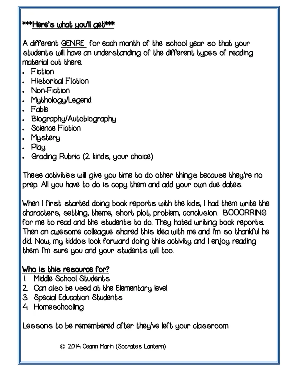 What's included: one reading genre per month, from fiction and mystery to fable and play, plus two grading rubric options