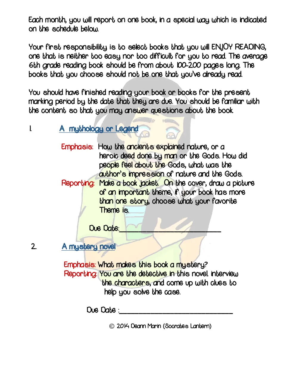 Student book report schedule: choosing a book, then a mythology book jacket and a mystery report as the detective