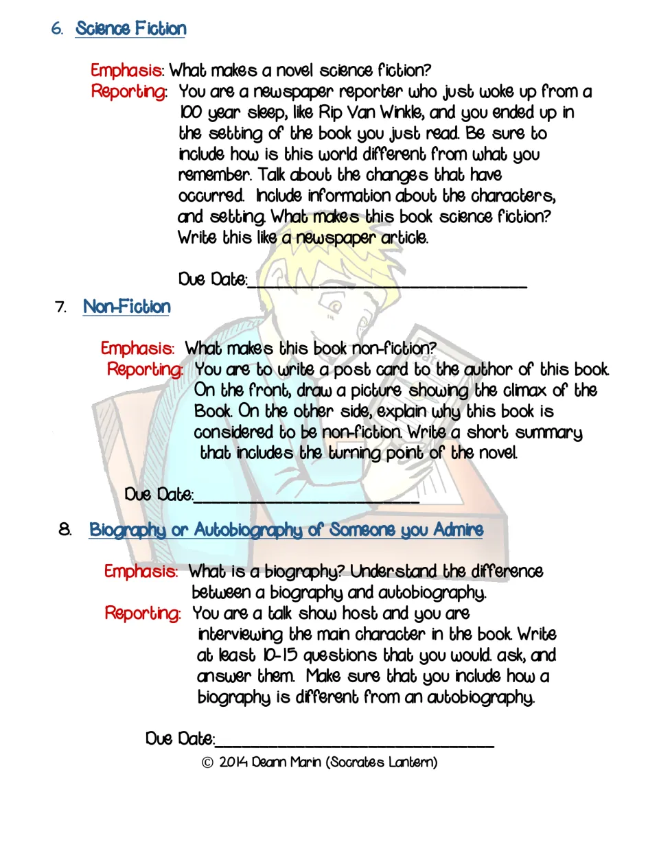 Report tasks 6 to 8: science fiction news article, postcard to a non-fiction author and biography talk show interview
