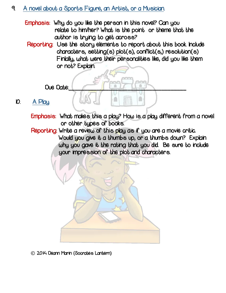 Report tasks 9 and 10: story elements for a sports figure, artist or musician novel, and a movie critic play review