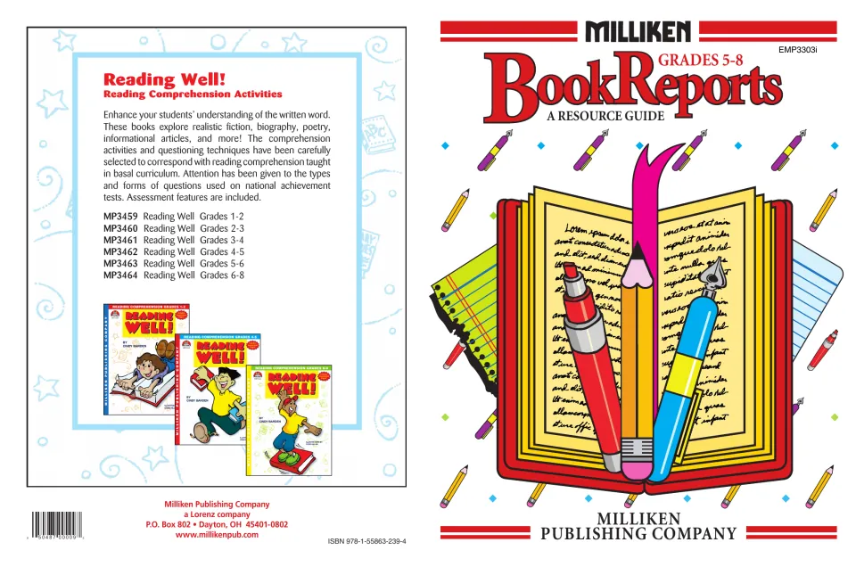 Book Reports resource guide cover for grades 5-8 by Milliken, with back cover listing the Reading Well comprehension series