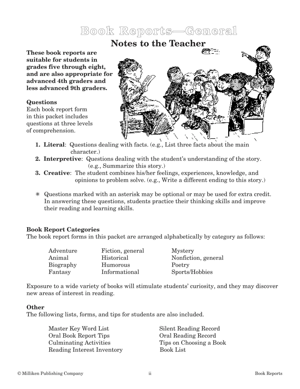 Notes to the teacher: report questions at literal, interpretive and creative levels, 12 genre categories and extra forms