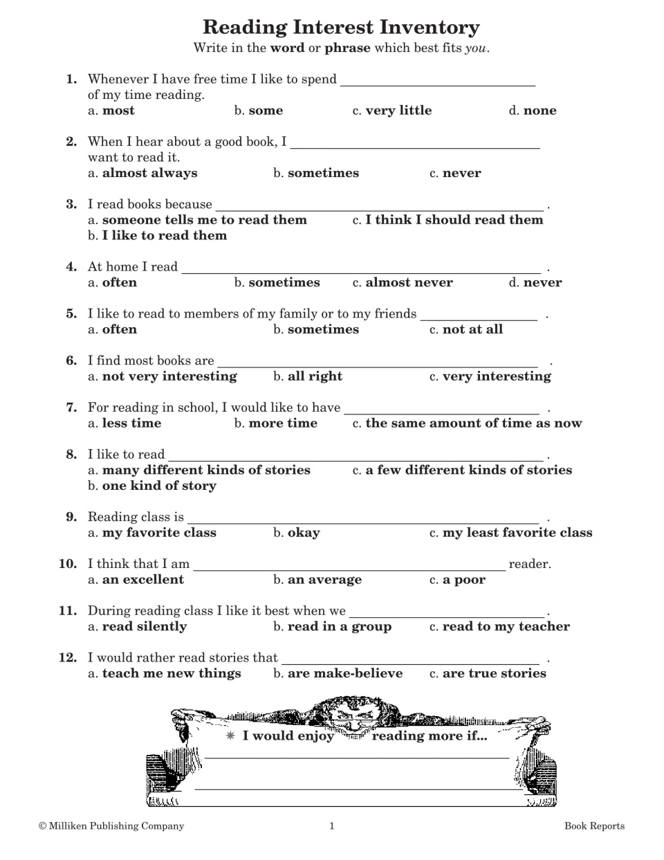 Reading interest inventory: students complete 12 sentences about their reading habits by choosing a word or phrase