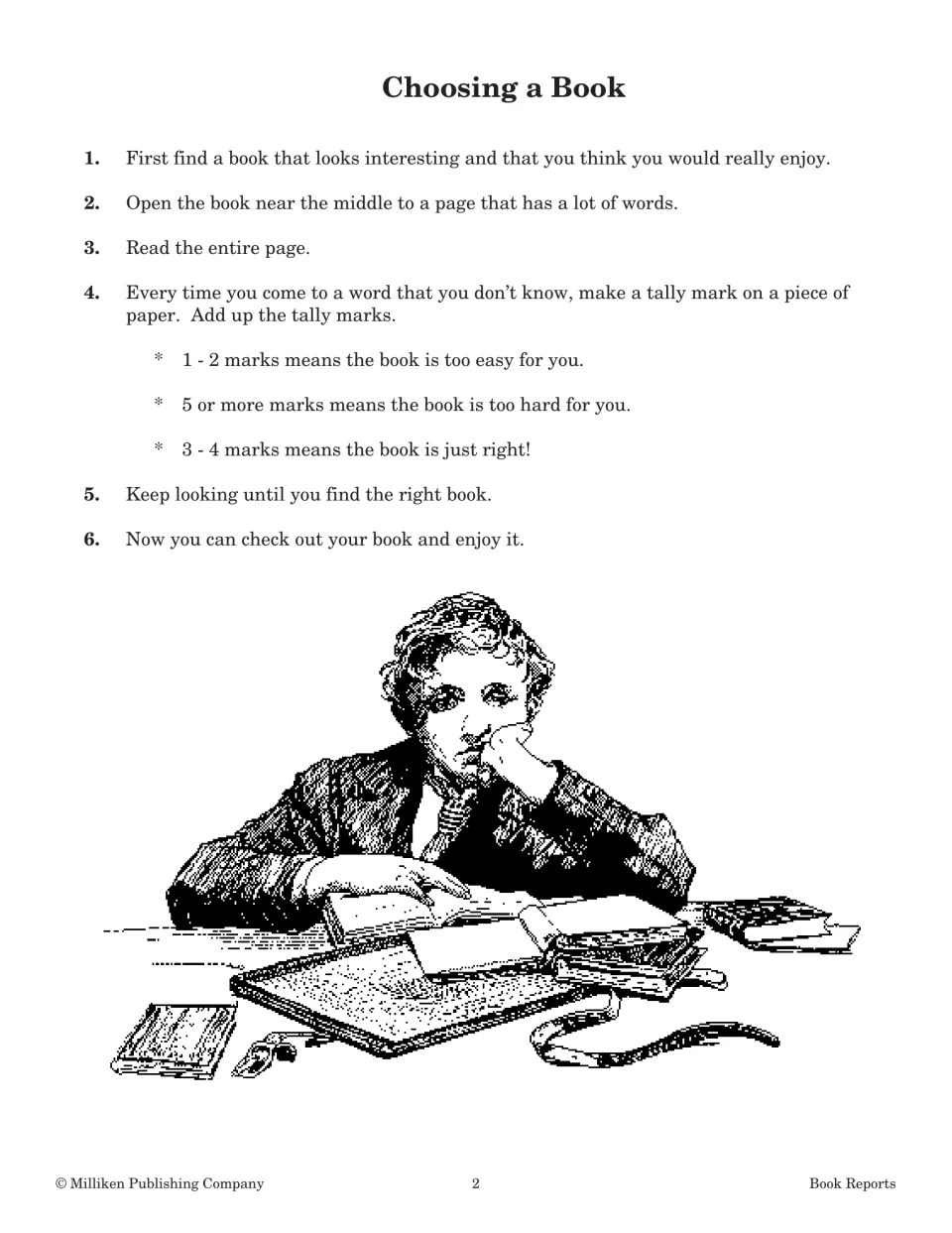 Choosing a book: students read one page, tally unknown words and judge if the book is too easy, too hard or just right