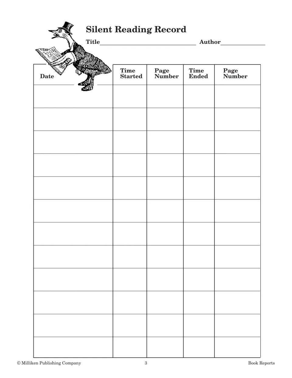 Silent reading record: students log title, author, date, start and end times and page numbers for each reading session