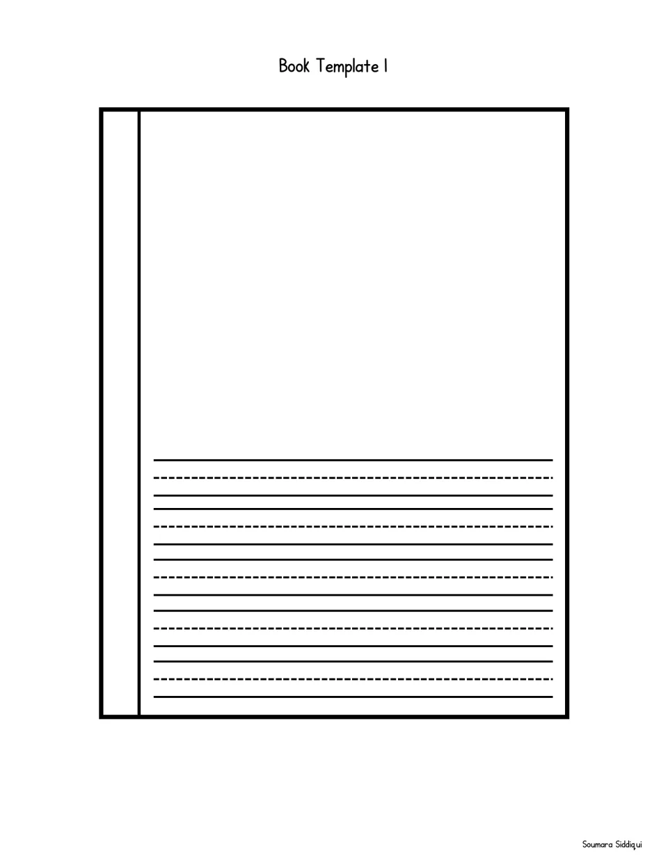Book Template 1: story page with a large drawing space above five primary-ruled handwriting rows for writing a sentence
