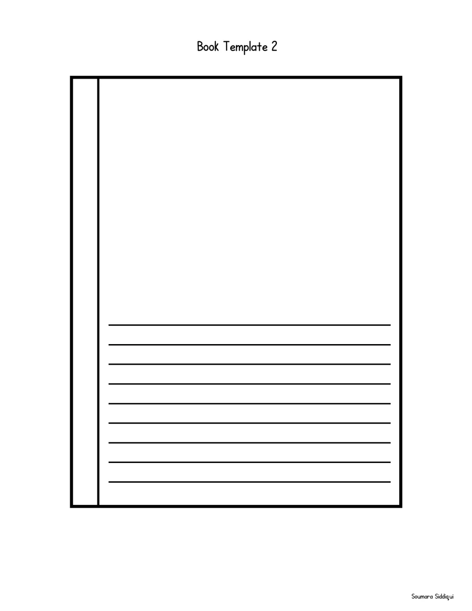 Book Template 2: story page with a large drawing space above nine plain writing rows for longer sentences