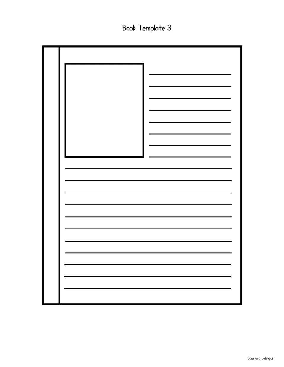 Book Template 3: small picture space at top left, eight writing rows beside it and eleven more rows below for longer text
