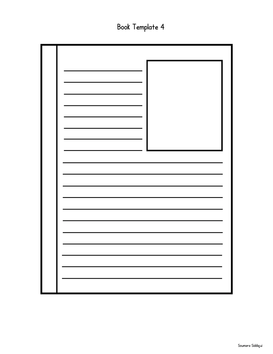 Book Template 4: picture space at top right with eight plain writing rows beside it and eleven more rows below for text