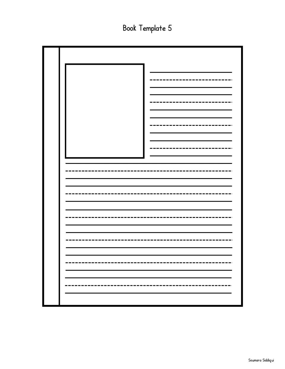 Book Template 5: picture space at top left beside primary-ruled handwriting rows, with more primary-ruled rows below