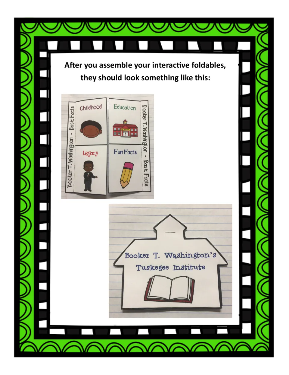 Photos of both finished foldables: the four-flap Basic Facts booklet and the schoolhouse Tuskegee Institute booklet
