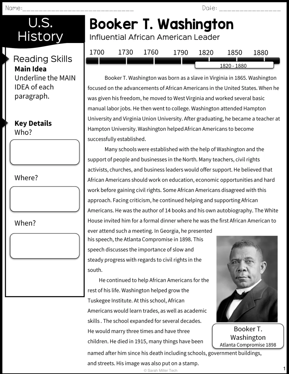 Booker T. Washington biography passage with timeline and photo; students underline main ideas and note who, where, when