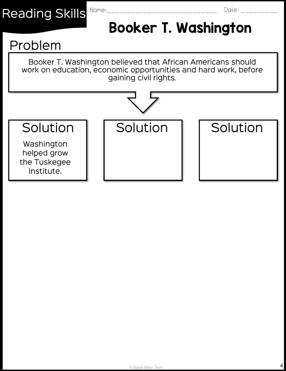 Problem and solution: students add two solutions to Washington's belief in education and hard work; Tuskegee example given