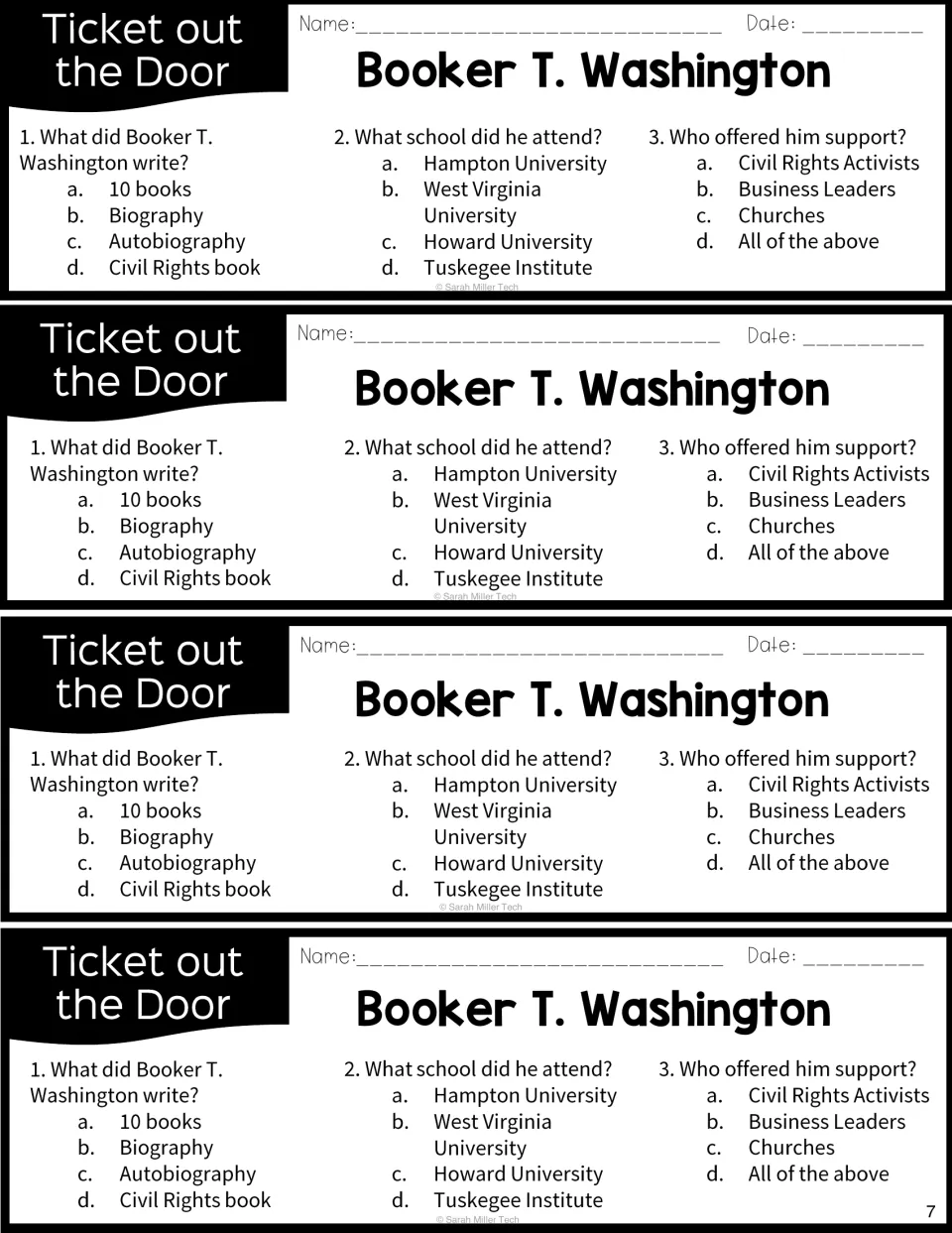 Four exit slips with three multiple-choice questions on what Washington wrote, where he studied and who supported him