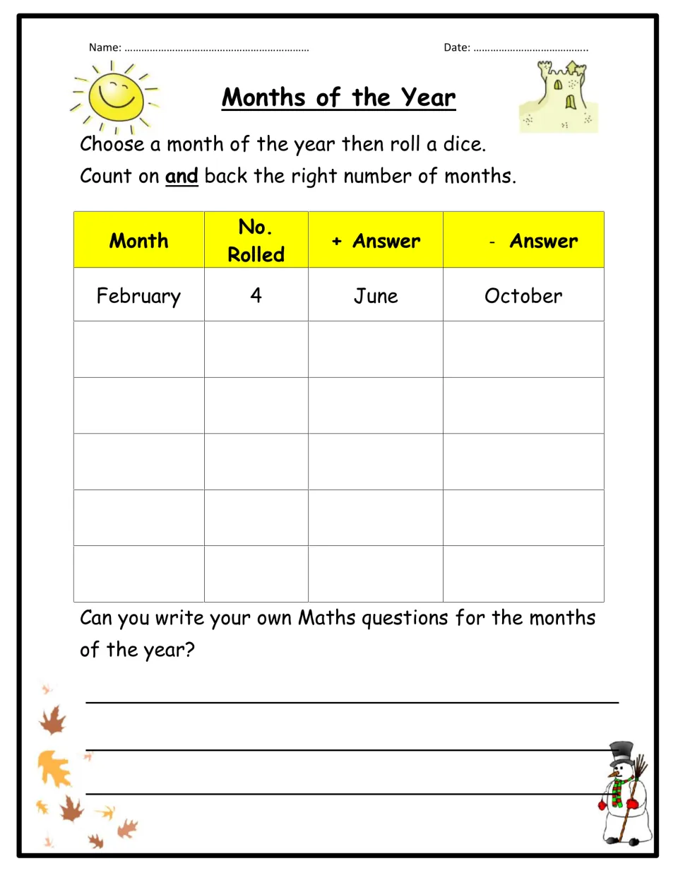 Months of the Year: students roll a dice, then count on and back from a chosen month, e.g. February + 4 is June