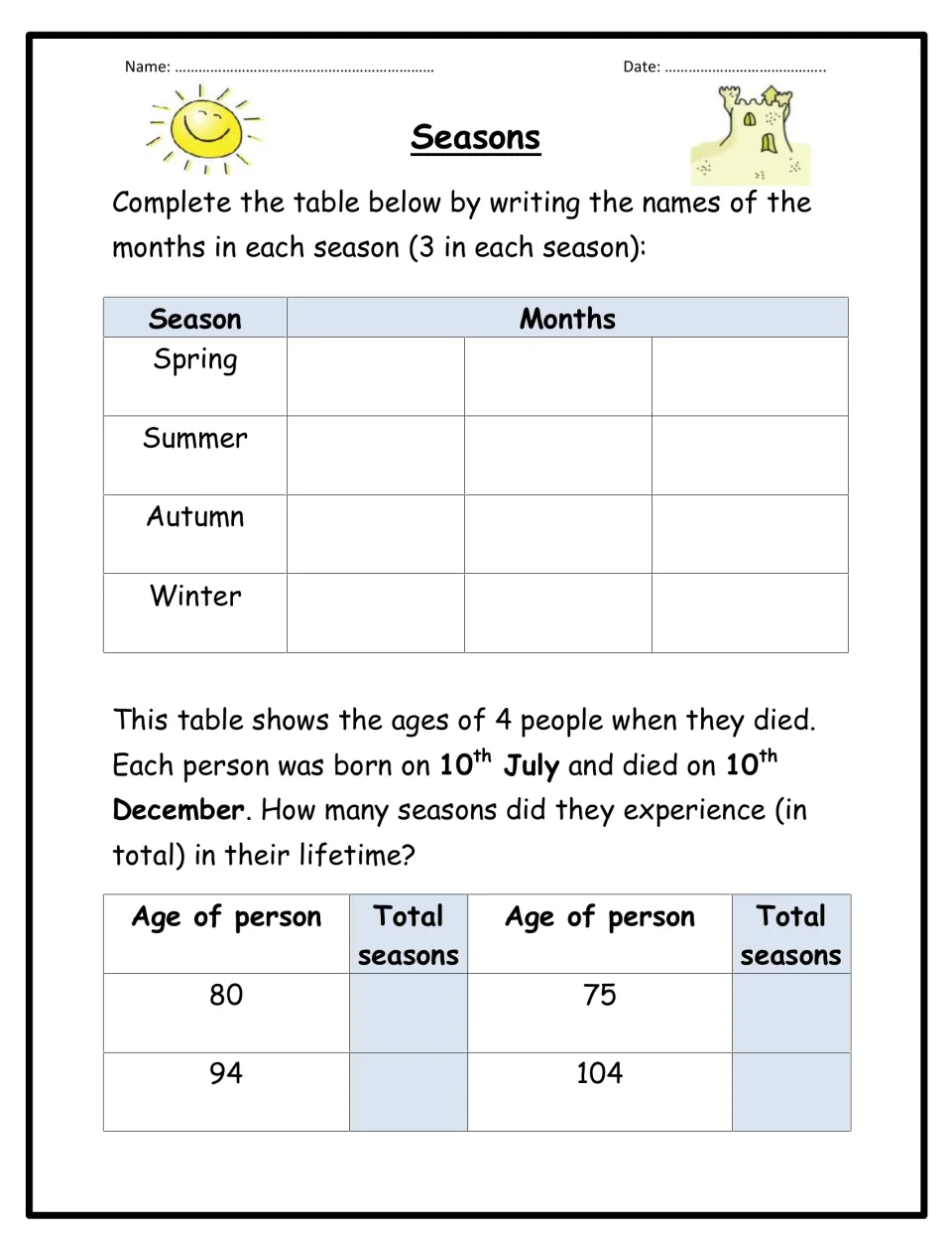 Seasons: students write the 3 months of spring, summer, autumn and winter, then work out seasons lived for ages 75 to 104