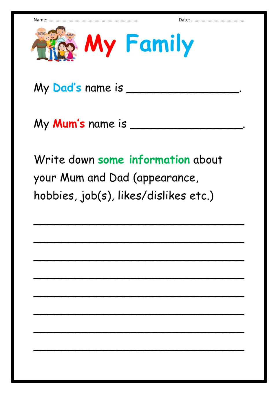 My Family parents page: students write their Dad's and Mum's names, then describe their looks, hobbies, jobs and likes