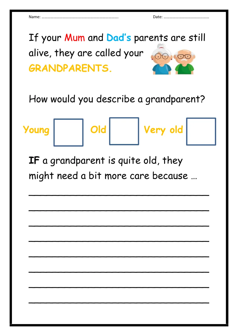 Grandparents: students tick young, old or very old for a grandparent and explain why an older one may need more care