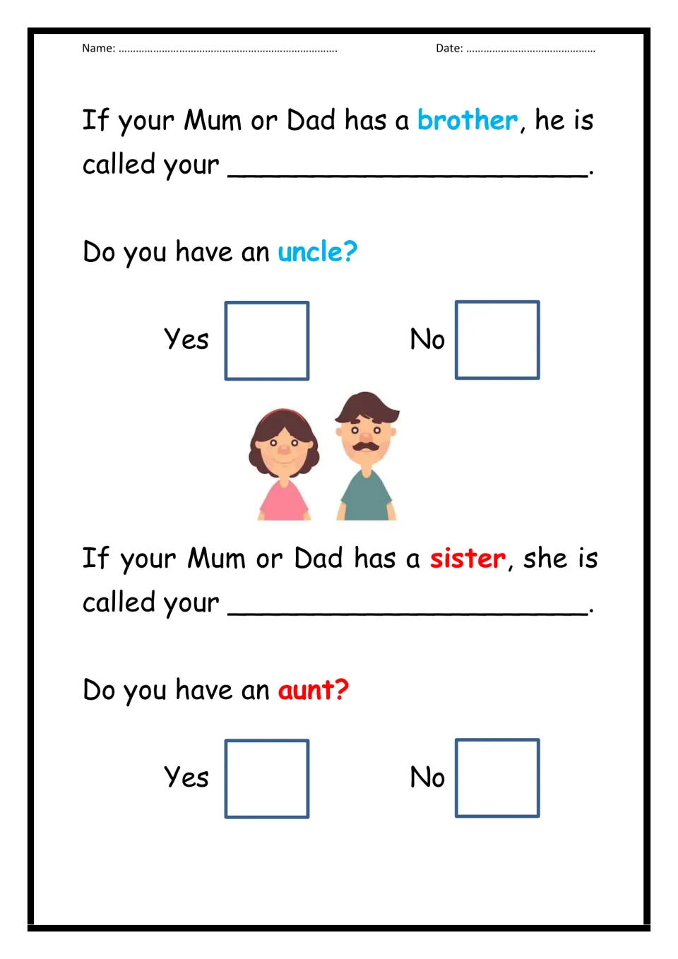 Uncles and aunts: students fill in the family word for a parent's brother and sister, then tick yes or no for each