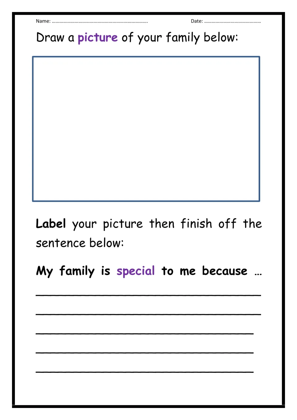 Family portrait: students draw and label their family, then complete 'My family is special to me because'
