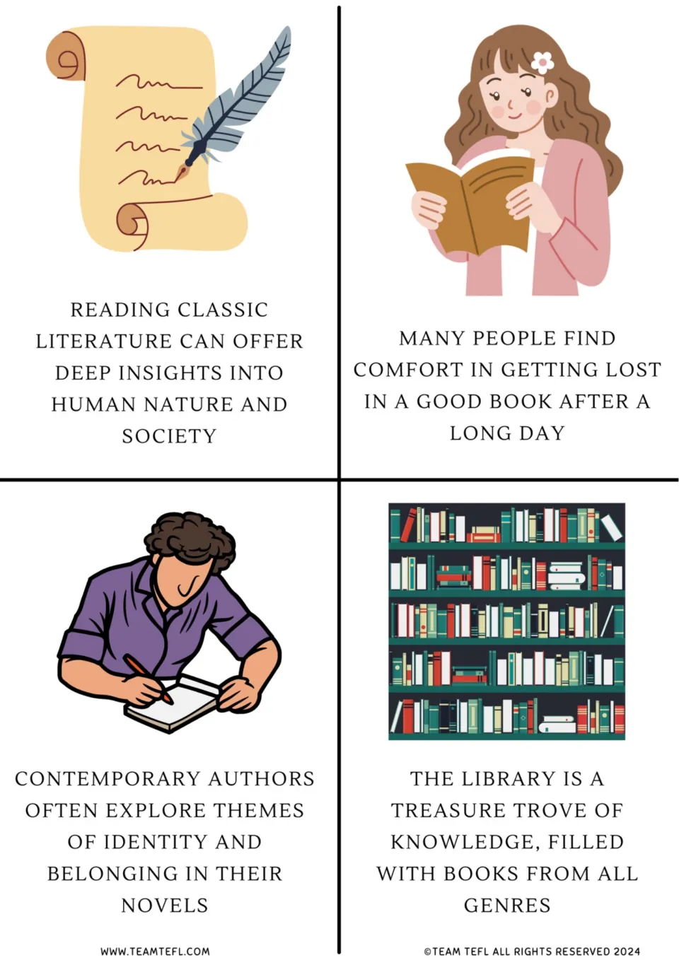 Flashcards 1–4: classic literature, comfort in reading, contemporary authors, and libraries as sources of knowledge