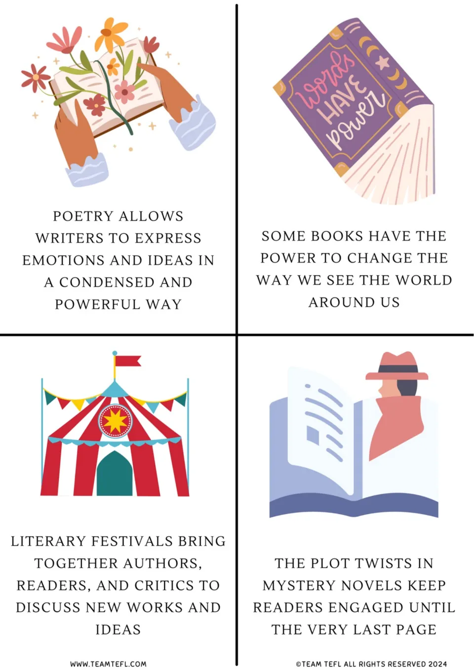 Flashcards 5–8: poetry, books that change worldviews, literary festivals, and plot twists in mystery novels